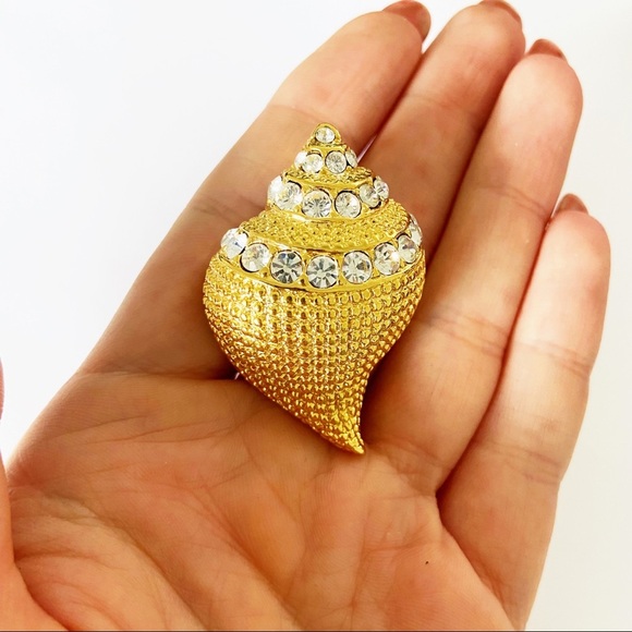 Kenneth Jay Lane vintage seashell gold rhinestone convertible pendant brooch - Picture 2 of 7